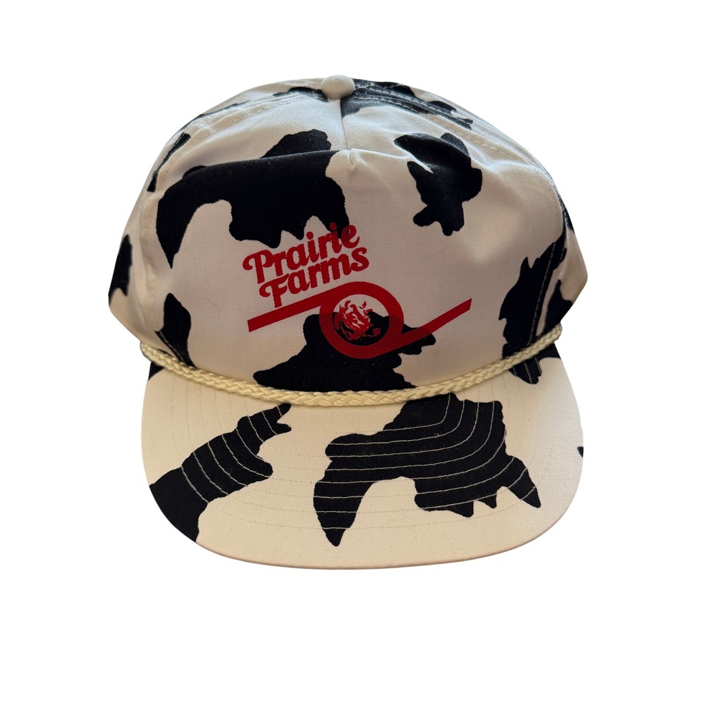 Vintage Prairie Farms Cow Print Snapback Hat Nissun White Black Red Rope Brim